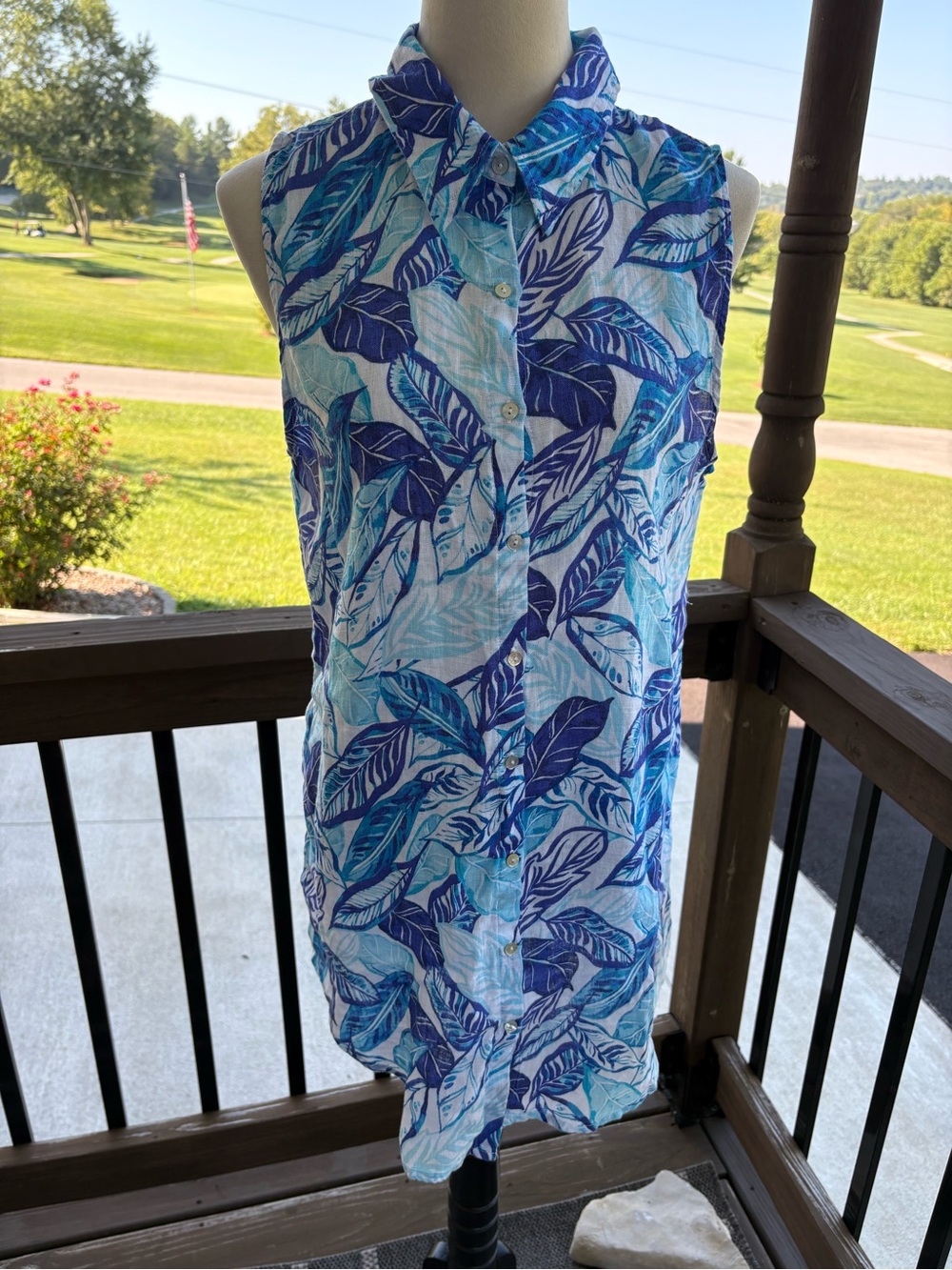 Sigrid Olsen 100% Linen Blue Tropical Palm Leaf Sleeveless Shirt Dress Medium